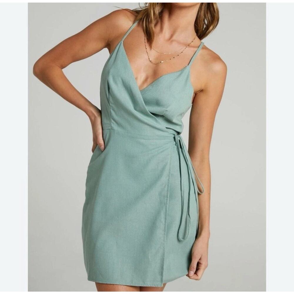 Showpo Whisper It Dress Size 8 Sage Green Linen Blend Wrap Sleeveless